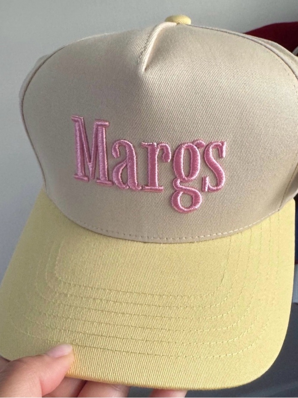 Kids Beige and Yellow Cap with Pink 'Margs' Embroidery